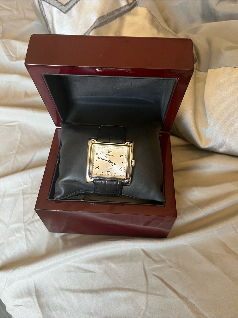 Ebel Square Silver Watch with Black Alligator Leather Strap